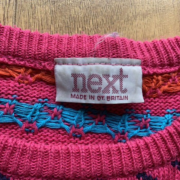 014 - Vintage 80s NEXT Jumper Size Medium Pink Short Boxy Geometric 3/4 Sleeves - Picture 5 of 9